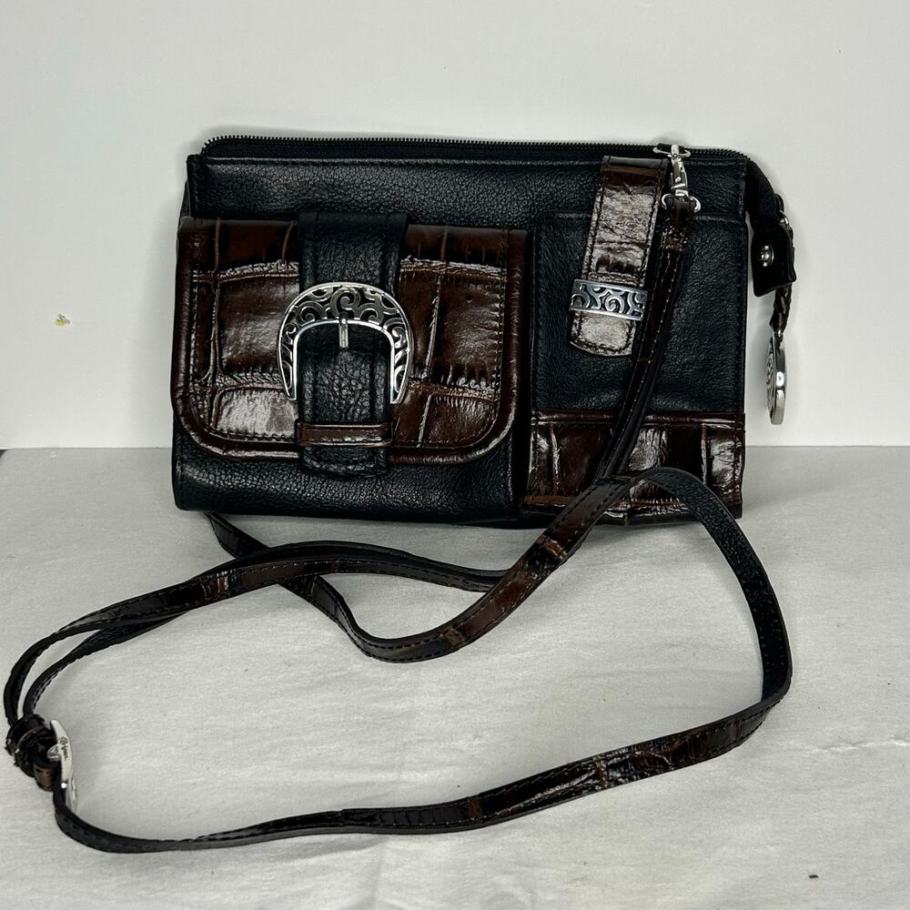 Brighton Black Brown Leather Crossbody Organizer Wallet Purse Croc Embossed - Picture 2 of 11